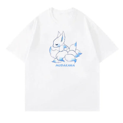 Cartoon Fox Letter Print T-Shirt Blue Pantskirt