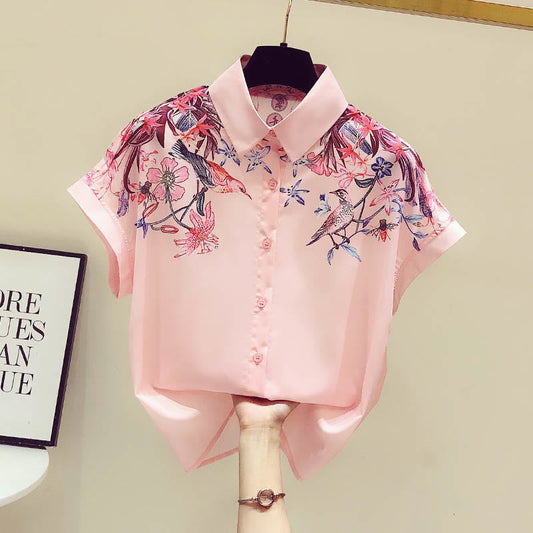 Pink Flowers Print Short Sleeve Shirt