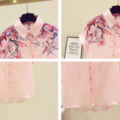 Pink Flowers Print Short Sleeve Shirt