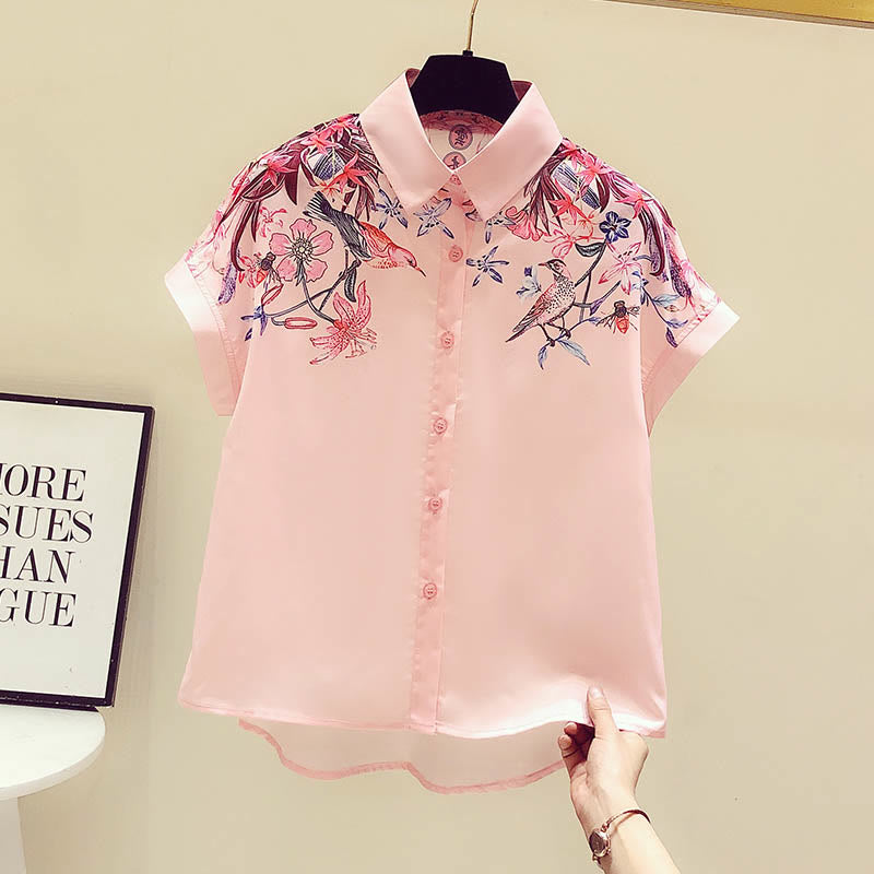 Pink Flowers Print Short Sleeve Shirt