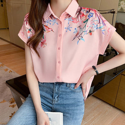 Pink Flowers Print Short Sleeve Shirt