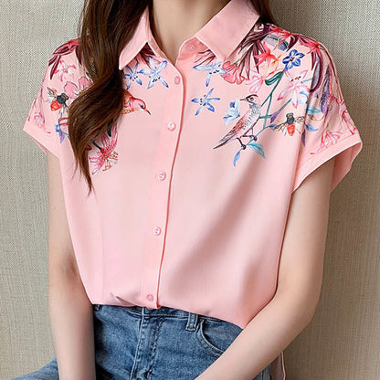 Pink Flowers Print Short Sleeve Shirt