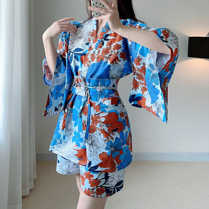 Blue Kimono Red Flowers Print Pajamas