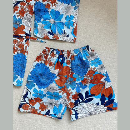 Blue Kimono Red Flowers Print Pajamas