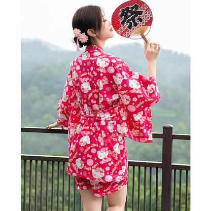 Cotton Kimono Kitty Print Couple Outfit Pajamas