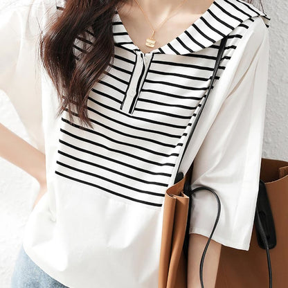 Navy Collar Striped White Top Shirt