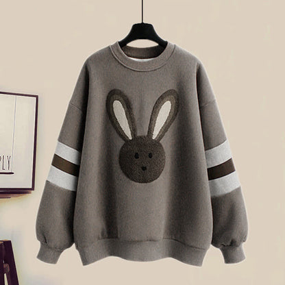 Grey Rabbit Plush Sweatshirt Roll Up Denim Pants