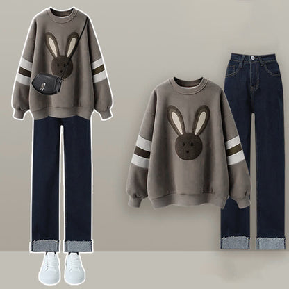 Grey Rabbit Plush Sweatshirt Roll Up Denim Pants