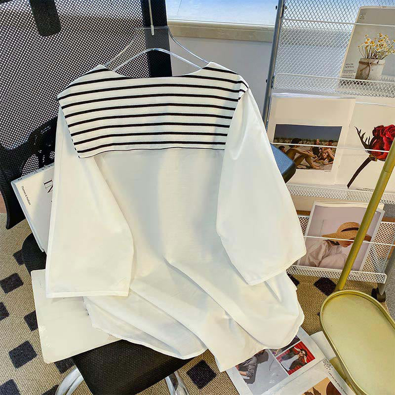 Navy Collar Striped White Top Shirt