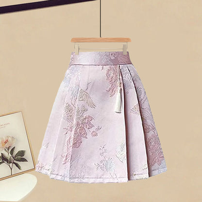 Pink Vintage Strappy Shirt High Waist Pleated Skirt