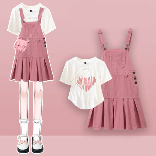 Sweet Irregular Shirt Pink Suspender Skirt