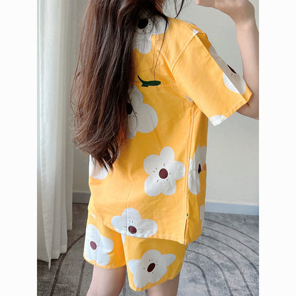 Cute Flowers Print V-Neck T-Shirt Shorts Pajamas Set