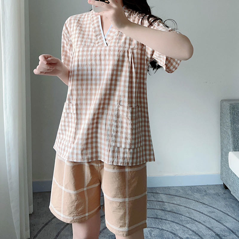 Chic Lattice Print T-Shirt Shorts Pajamas Set