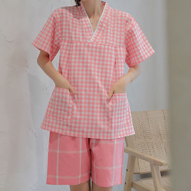 Chic Lattice Print T-Shirt Shorts Pajamas Set