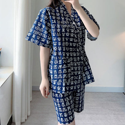 Cotton Blue Letter Print Shorts Pajamas Set