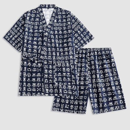 Cotton Blue Letter Print Shorts Pajamas Set