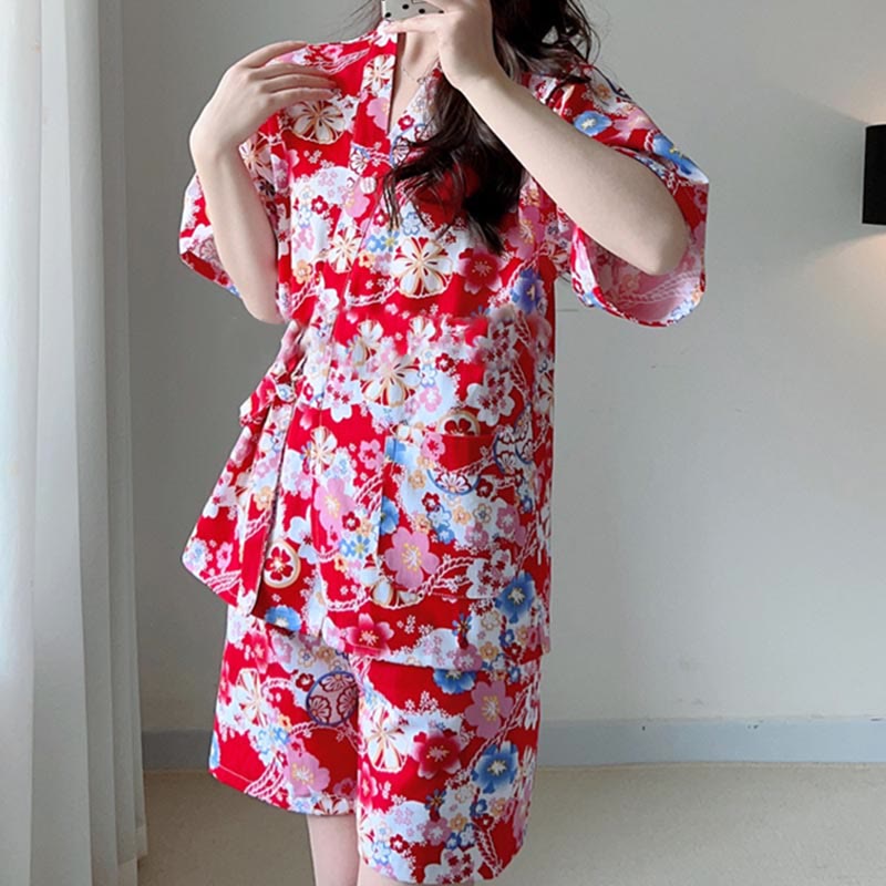 Colorful Floral Print T-Shirt Shorts Pajamas Set