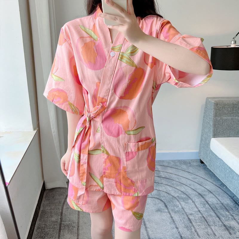 Pink Peach Print Kimono Pajamas Set