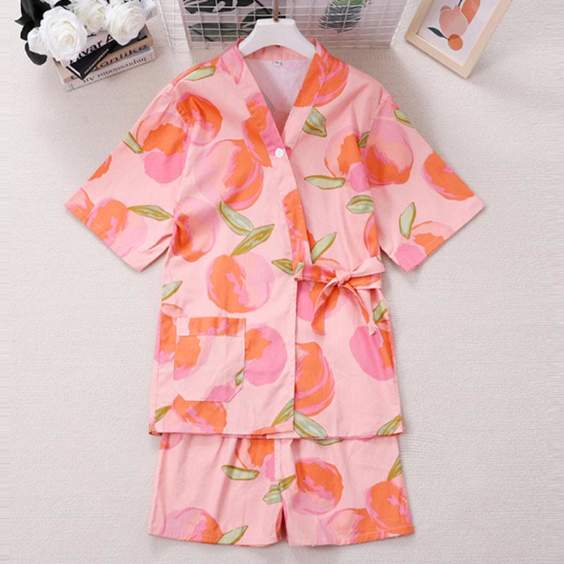 Pink Peach Print Kimono Pajamas Set