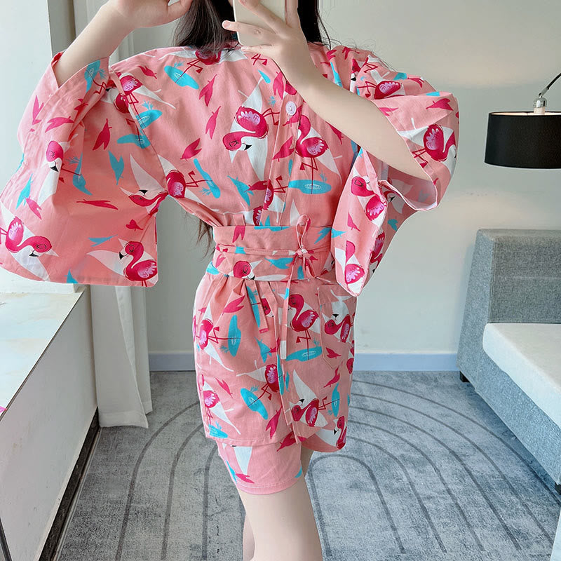 Cotton Flamingo Print Kimono Pajamas Set