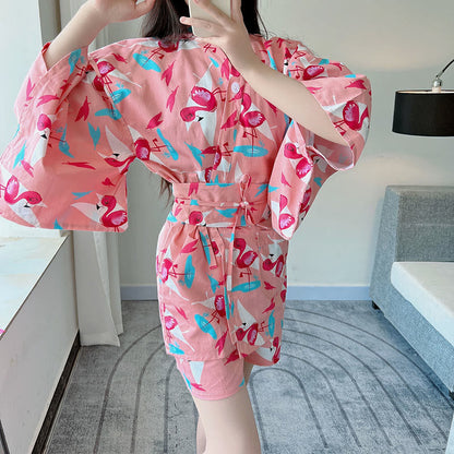 Cotton Flamingo Print Kimono Pajamas Set