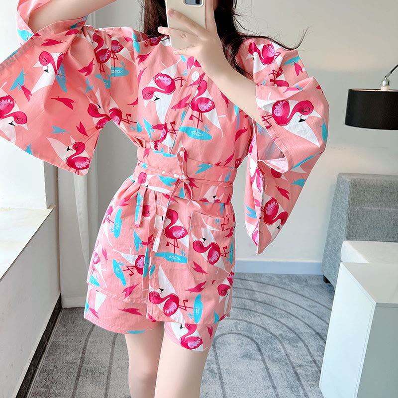 Cotton Flamingo Print Kimono Pajamas Set