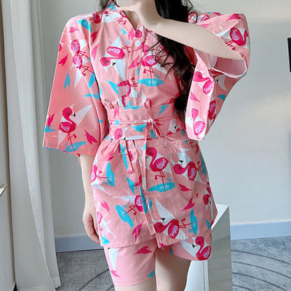 Cotton Flamingo Print Kimono Pajamas Set