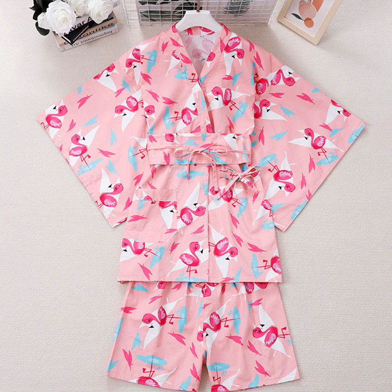 Cotton Flamingo Print Kimono Pajamas Set