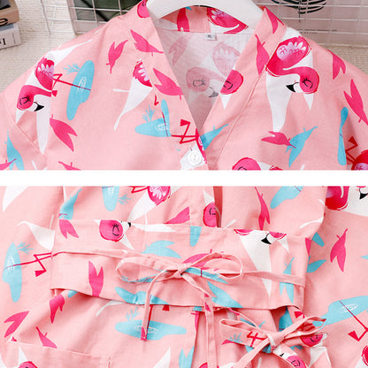 Cotton Flamingo Print Kimono Pajamas Set