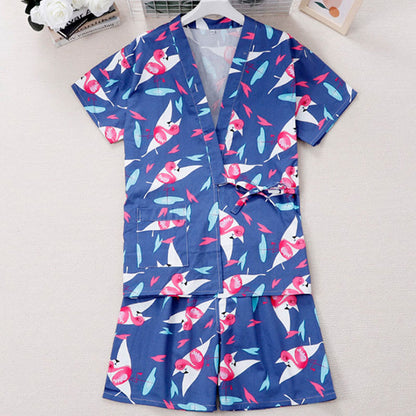 Cotton Flamingo Print Kimono Pajamas Set