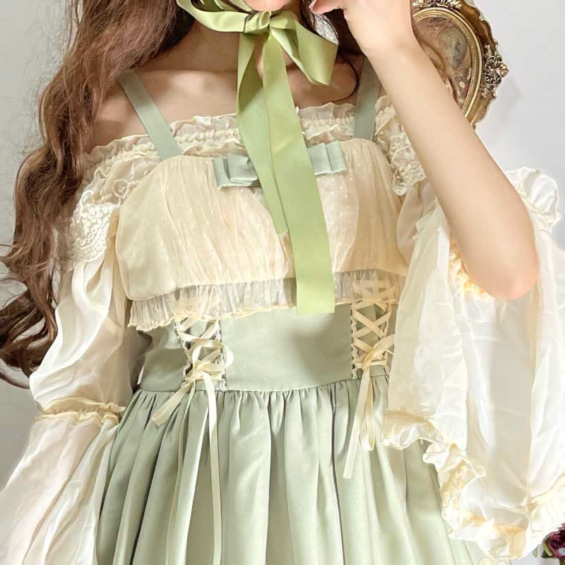 Sunflower Bunny Print Bow Lolita Lace-up Slip Dress