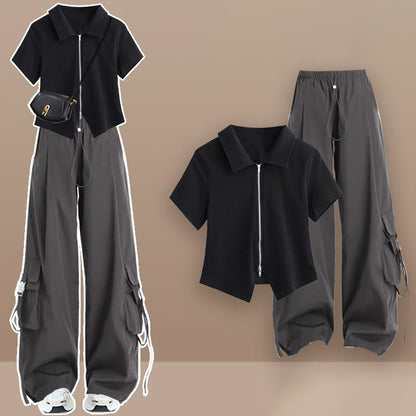 Casual Zipper Shirt Cargo Pants