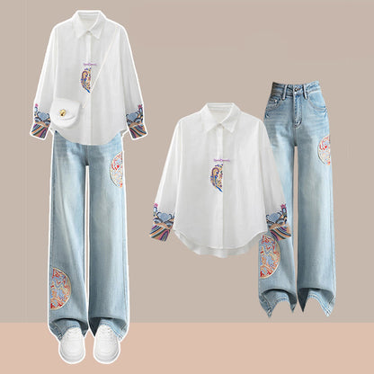 Vintage Embroidery Lapel Shirt Denim Pants