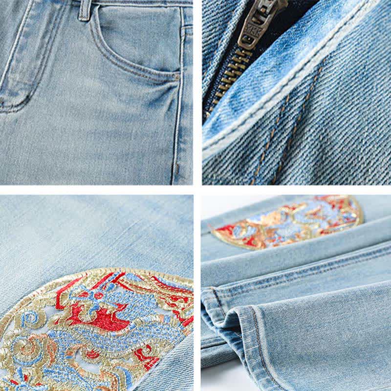 Vintage Embroidery Lapel Shirt Denim Pants