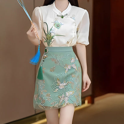 Green Floral Embroidery Shirt Skirt Set