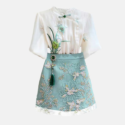 Green Floral Embroidery Shirt Skirt Set