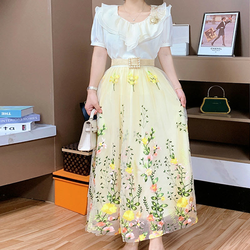 Floral Mesh Shirt Flower Skirt Set