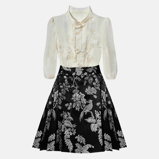 Blossom Bird Print Skirt Two Pieces Set