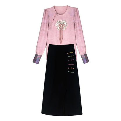 Pink Floral Embroidery Round Neck Shirt Slit Skirt Set