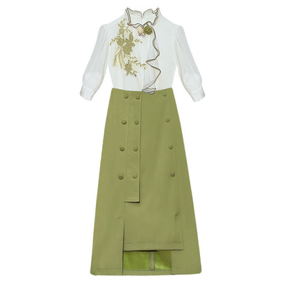 Green Embroidery Shirt Irregular Skirt Set