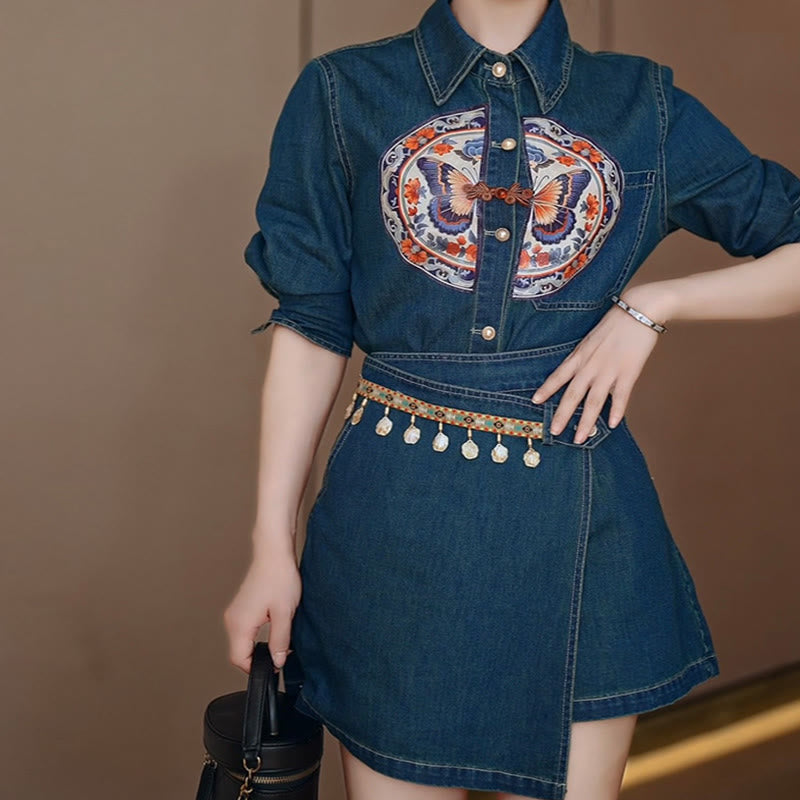 Denim Butterfly Shirt Irregular Skirt Set