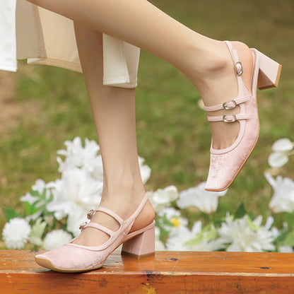 Vintage Floral Thick Heel Summer Sandals