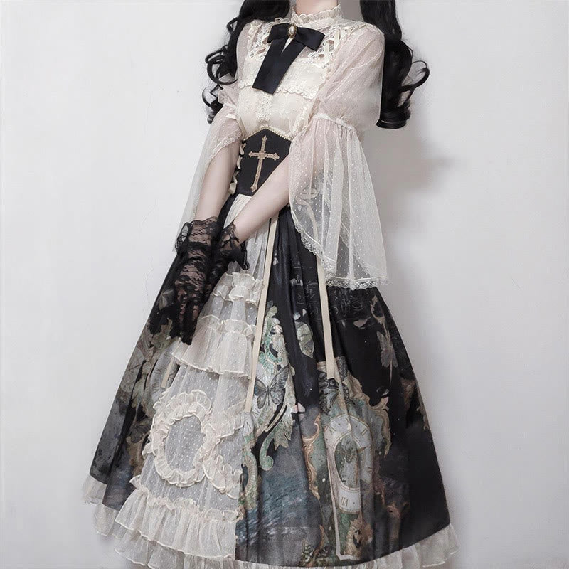 Lolita Elegant Bowknot Lace Shirt Clock Print High Waist Skirt