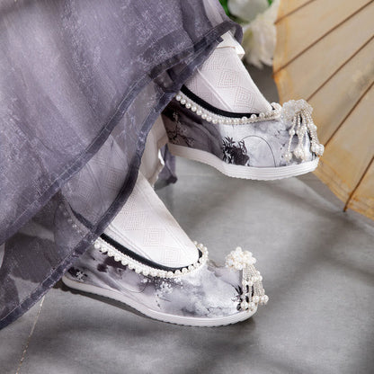 Tie-dye Floral Print Pearl Decor Shoes