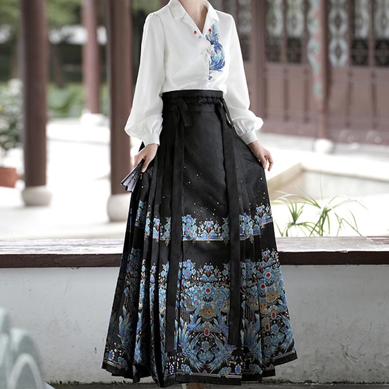 Plumage Embroidery Shirt High Waist Flower Print Skirt