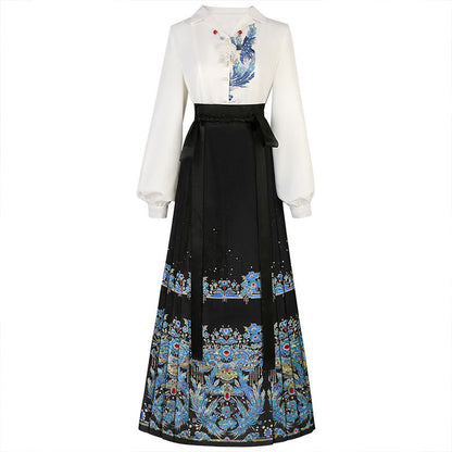 Plumage Embroidery Shirt High Waist Flower Print Skirt