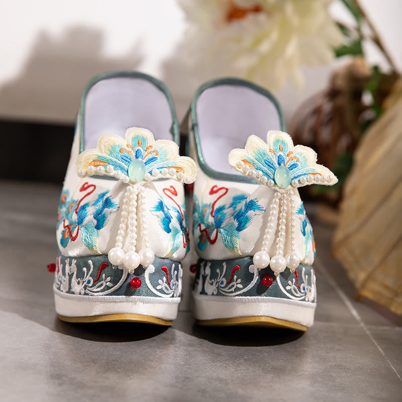 Flower Embroidery Butterfly Pearl Decor Wedge Shoes