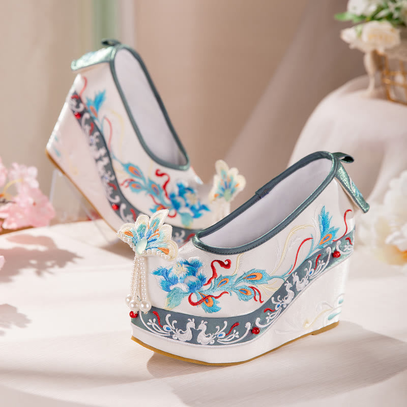 Flower Embroidery Butterfly Pearl Decor Wedge Shoes