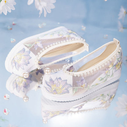 White Floral Embroidery Pearl Decor Mesh Shoes