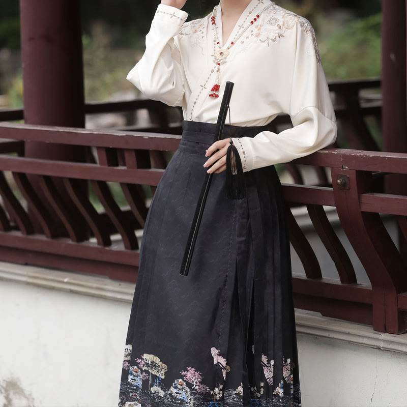 V-neck Shirt Vintage Print Pleated Skirt